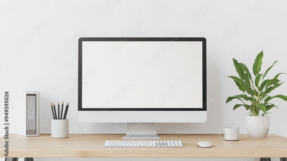 Aufkleber modern desk workspace with computer keyboard mouse and plant