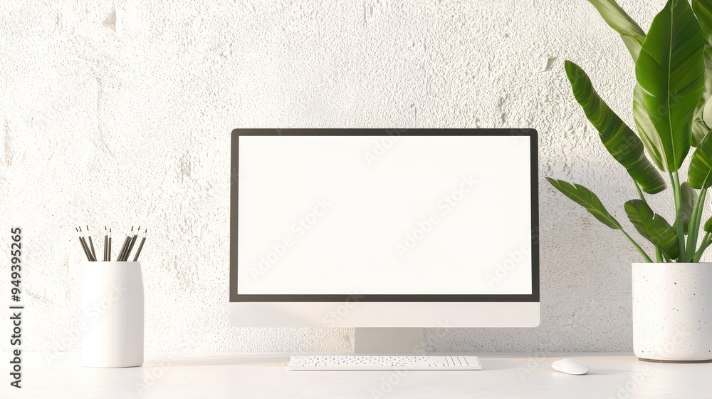 Poster white minimalist home office desk setup with computer monitor keyboard and mouse