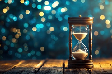Vintage Hourglass On Wooden Table With Sparkling Blue Bokeh Background - Time Concept  with generative ai
