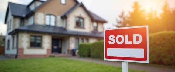 Obraz premium Sold sign in front of suburban house at sunset with copy space