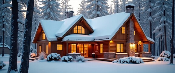Cozy log cabin with warm glow in snowy winter forest