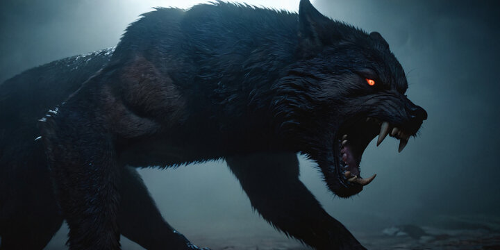 scary shadow figure of zombie warewolf snarling, from the darkness, foggy