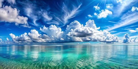 Obraz premium Panoramic view of a beautiful seascape with fluffy clouds on a sunny day , seascape, panoramic, ocean, clouds, sunny, sky