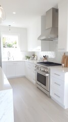Fototapeta premium Modern White Kitchen Interior with Stainless Steel Appliances and Hardwood Floors