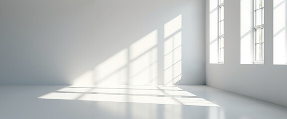Obraz premium Empty white room with sunlight streaming through windows with copy space
