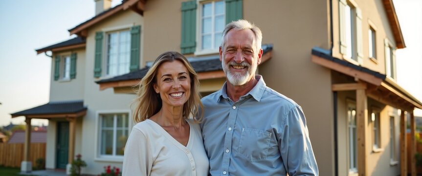 Happy Senior Couple Smiling in Front of Their New Home