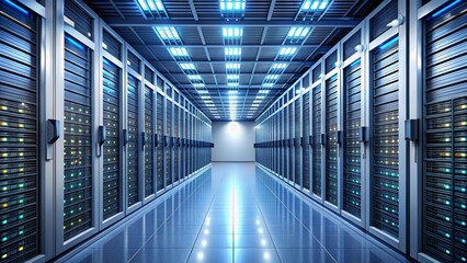 Fototapeta premium Long hallway filled with rows of servers, technology, data center, network, storage, hardware