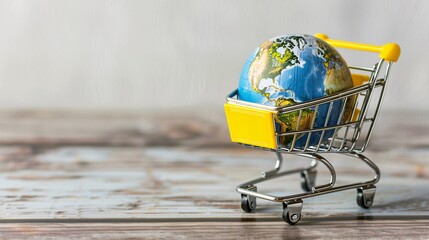 07231249 284. Close-up view of a globe nestled in a yellow shopping cart, placed on a wooden table with a white background, capturing the essence of global e-commerce and delivery industries