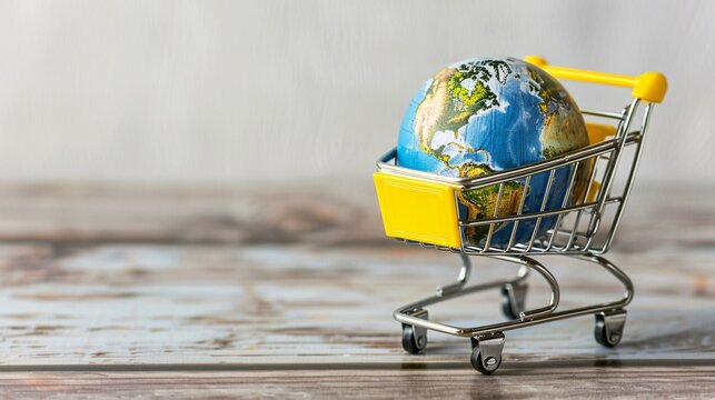 07231249 284. Close-up view of a globe nestled in a yellow shopping cart, placed on a wooden table with a white background, capturing the essence of global e-commerce and delivery industries