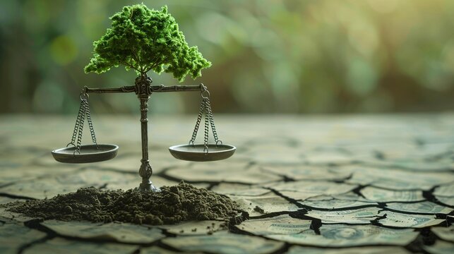 07231249 300. Minimalist depiction of a scale balancing money and a tree on cracked soil, capturing the Earth Day message of balancing economic prosperity with environmental preservation