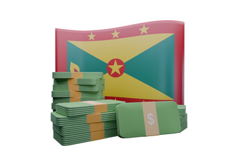 3D render illustration of Grenada flag and currency called East Caribbean Dollar