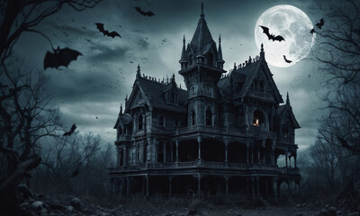 Obraz premium A haunted house with bats, spiders Halloween background 