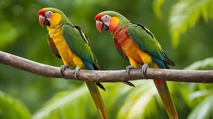 Obraz premium Wild Parrots Perched on a Tropical Branch in Bright Sunshine