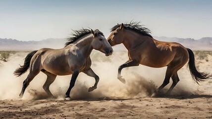 Fototapeta premium Wild Stallions Fighting in a Dusty Desert Landscape