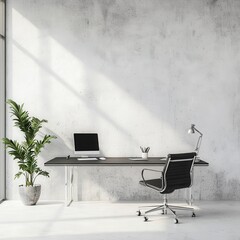Fototapeta premium Modern Minimalist Home Office Workspace with Desk Chair and Plant