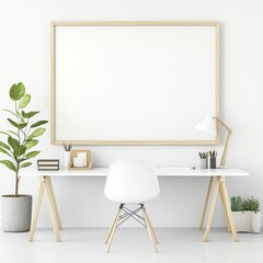 White Minimalist Home Office Desk with Wooden Frame and Plants