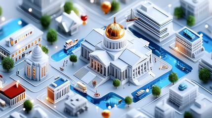 Obraz premium Isometric 3D illustration of a modern city with buildings, streets, and transportation.