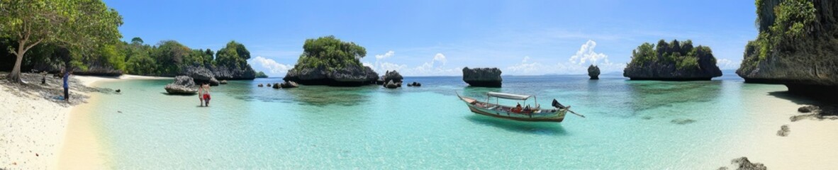 Fototapeta premium Tropical Lagoon with Rocky Islands, a Boat, and Two People