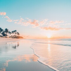 Naklejka premium Tropical Beach Sunset with Palm Trees and Ocean Waves