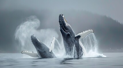 Fototapeta premium Humpback whales leap out of the water creating a spectacular display of power and grace. The misty ocean provides a dramatic backdrop highlighting majestic silhouettes.