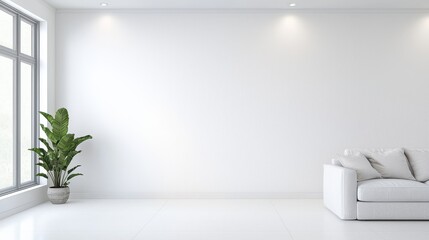 Minimalist Living Room Interior with White Sofa  Plant and Window