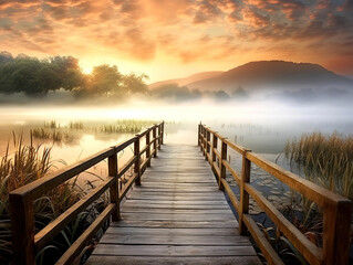 Fototapeta premium Pier over lake against sky during sunset, Bridge over the river wallpaper