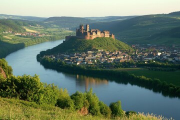 A Picturesque View of a Castle on a Hilltop Overlooking a Winding River