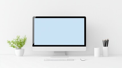 Minimalist White Desk with Computer  Plant  and Pencils