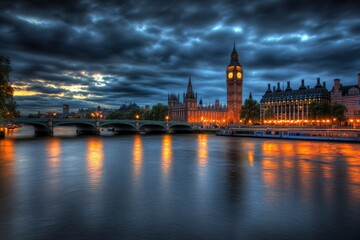 Big Ben and Houses of Parliament at Dusk with Bridge and River Thames