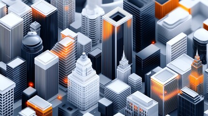 Obraz premium Abstract isometric cityscape with glowing buildings.