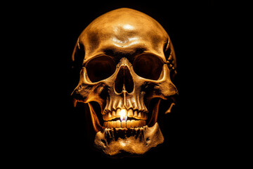  Golden Skull with Candlelight Against Black Background