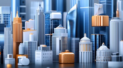 Abstract city skyline with skyscrapers in blue, white and orange tones.