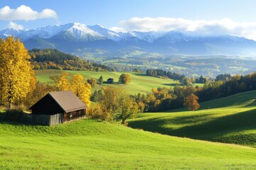 Obraz premium Rustic Cabin in a Verdant Valley with Snowy Mountain Peaks in the Distance