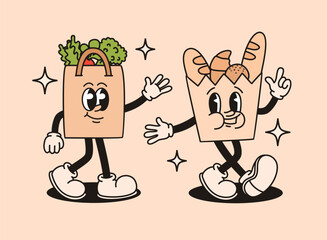 Groovy retro characters bags with pastries and vegetables. Flat vector illustration.