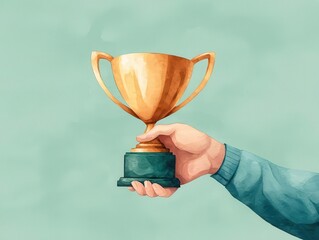 A prestigious trophy being handed to a winner by a mentor figure, symbolizing recognition and achievement, Emotional, Watercolor