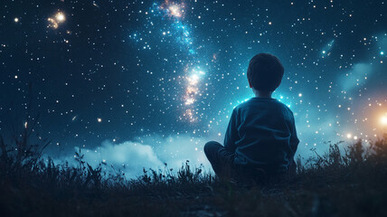 Naklejka premium A child gazes at the starry night sky filled with galaxies and glowing stars while sitting in a grassy field