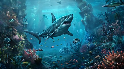 Fototapeta premium Vivid underwater landscape featuring Megalodon circling gigantic ancient coral reef teeming prehistoric marine life scene captures dynamic interaction between shark environment rich colors textures