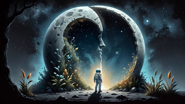 Astronaut gazing at a surreal moon face in a cosmic landscape at night
