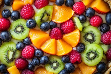 Closeup of a Fruit Tart with Kiwi, Peach, Raspberry and Blueberries.