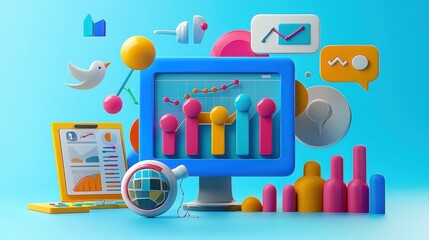 Futuristic Digital Marketing Analysis Concept with Social Graphs and Analytics Icons - 3D Illustration