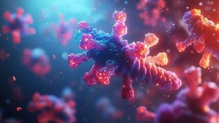 Fototapeta premium Close-up 3D illustration of antibodies attacking diseased cells under a microscope