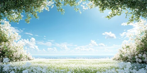 White Flowers Blooming in a Field Under a Blue Sky with White Clouds