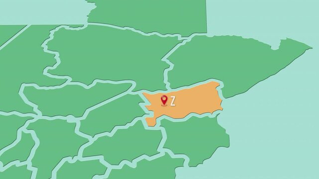 Mapa de Guatemala con divisi&oacute;n pol&iacute;tica resaltando el estado de Zacapa.