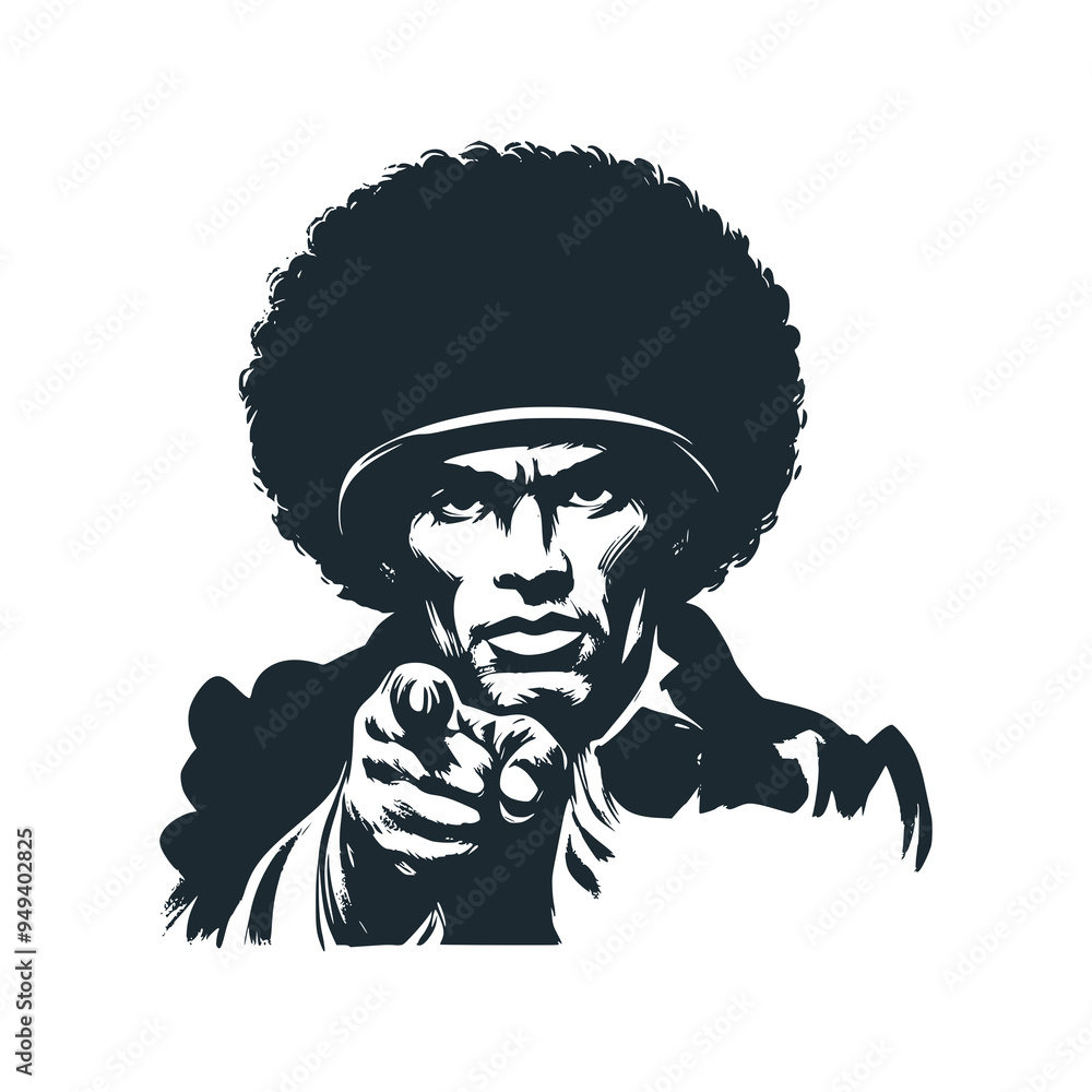 Poster The black man pointing forward. Black white vector logo illustration.
