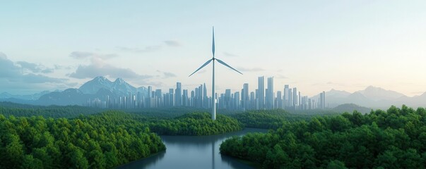 Cityscape of an eco-city with wind turbines, clean rivers, and green parks, highlighting effective pollution control and climate-conscious urban planning, renewable energy