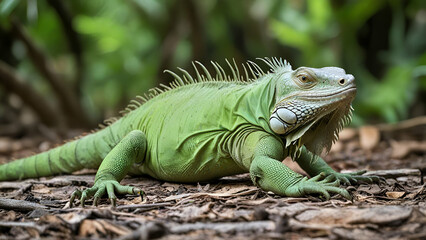 Green Iguana in jungle blurry background photo