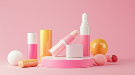 A modern 3D podium with ample empty space, surrounded by baby wipes and lotion bottles, set against a soft mint green background, perfect for gentle baby care products