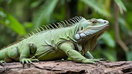 Fototapeta premium Green Iguana in jungle blurry background photo