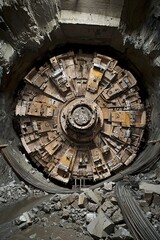 The front view of a tunnel boring machine&rsquo;s cutter head shows it actively boring through a tunnel&rsquo;s underground