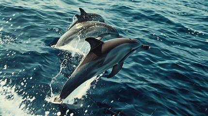 Obraz premium Three dolphins leap through the waves in a breathtaking display of marine life. The vibrant blue water creates a stunning backdrop for this joyful moment.